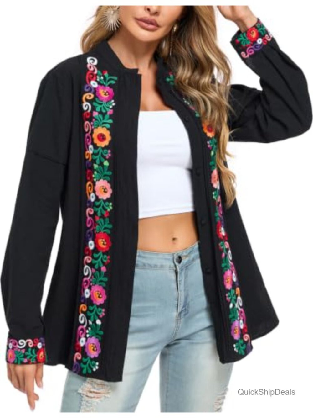 Western Embroidered Top Boho Peasant Blouse 100% Cotton Button Down